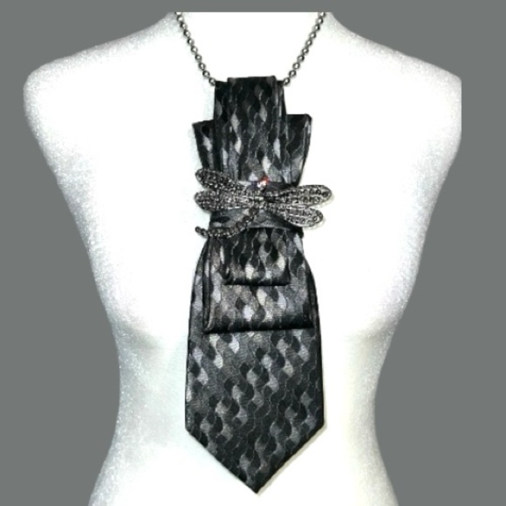 “Dainty Dapper’ Elegant Black and Gray Necktie necklace with Dragonfly Brooch